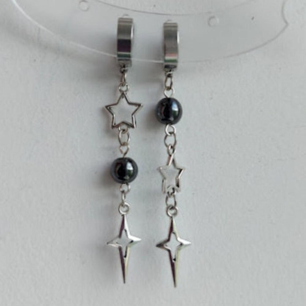 Gothic Punk Silver Color Asymmetrical Black Round Bead Hollowed-out Star Dangle Earrings for Girl Halloween Hip-hop Rock Jewelry