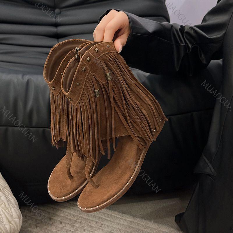 Fashion Tassel Rivet Flip Flops Sandals for Women Low Heel Summer Roman Shoes High Side Zip Western Boots Sandal Fashion Bohemian Shoes