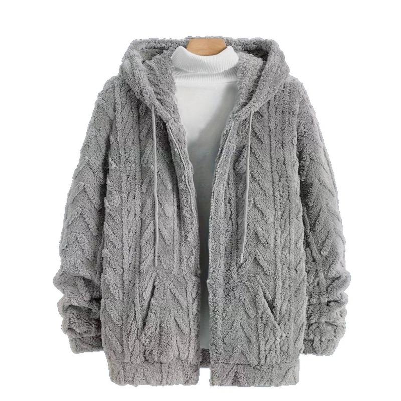 New Autumn and Winter Fur Coat Texture Casual Hooded Solid Color Men's Top Cardigan Sweatshirt Jacket