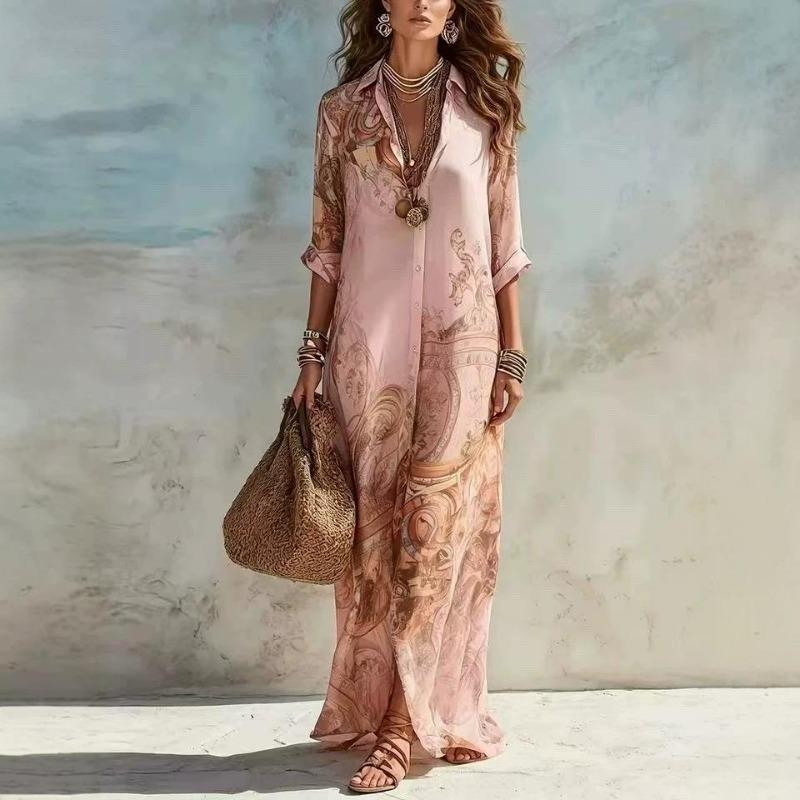 Abito Maxi Floreale Boho da Donna con Scollo a V Manica Corta Larga Estivo Lungo