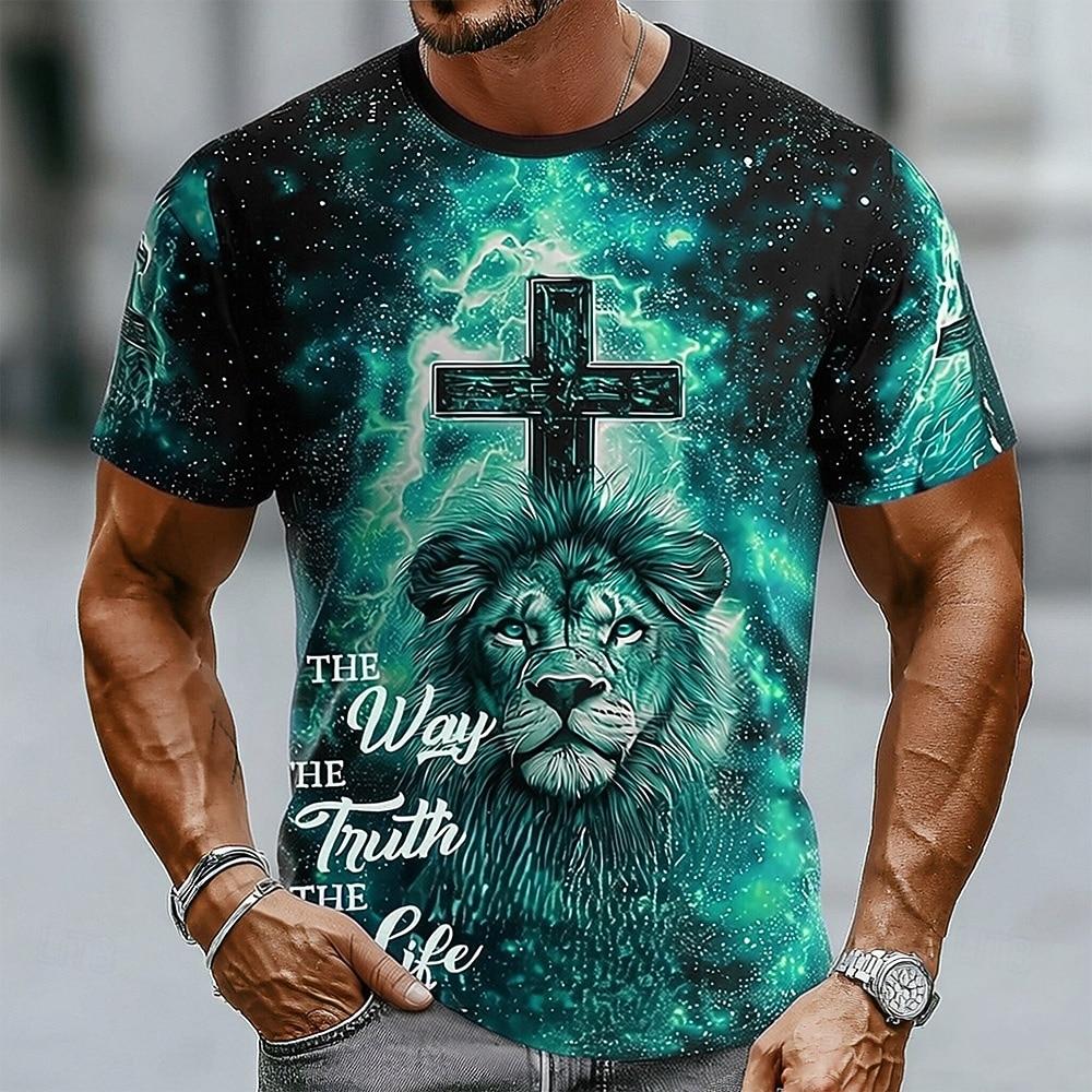 Men's Lion Cross Christian T Shirt Short Sleeve T shirt 3D Print Crew Neck Shirt Religious Casual Daily Party Blue Red Green