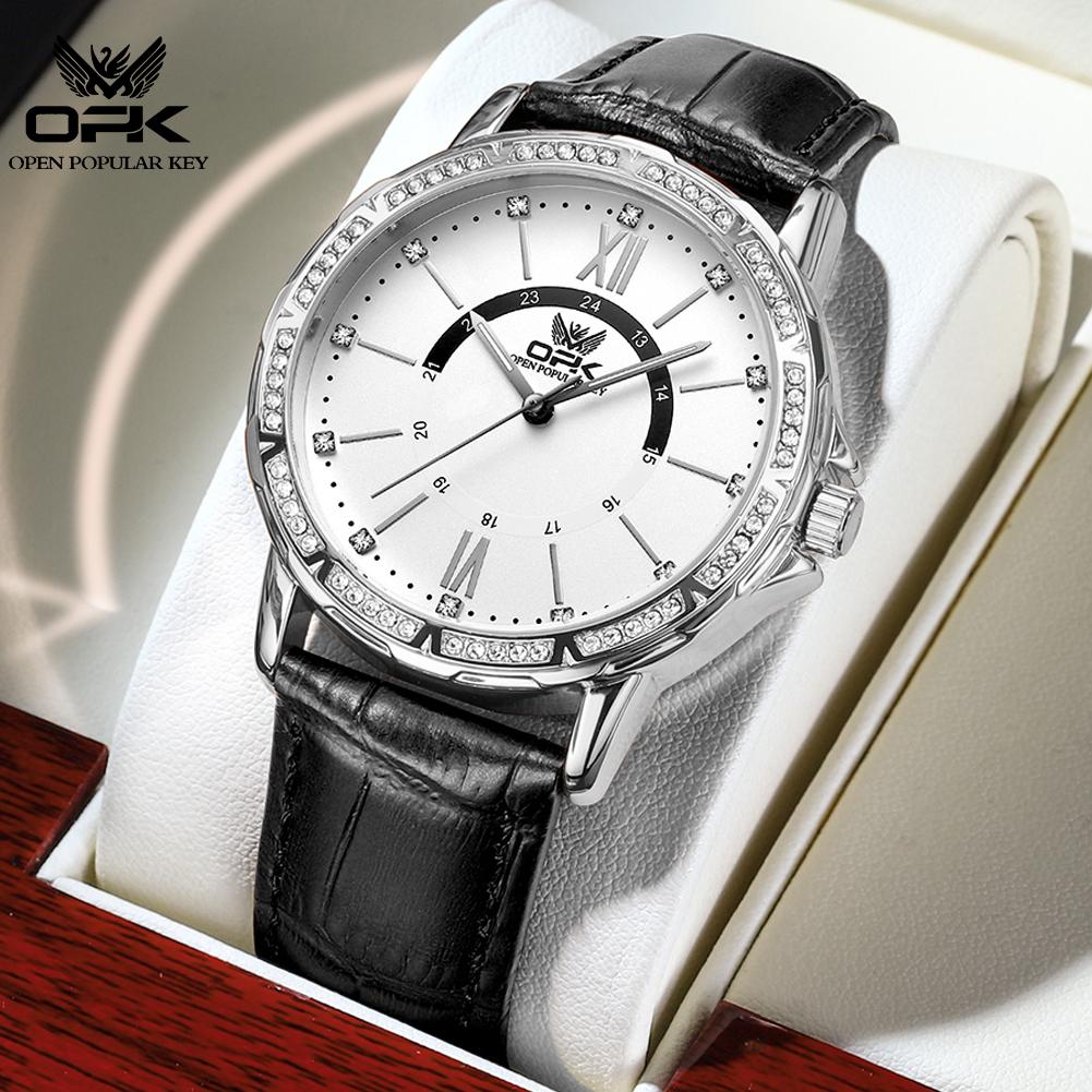 OPK 8161 Man Quartz Wristwatch Diamond Bezel Luminous Leather Strap Waterproof Men's Luxury Watch High Quality Original