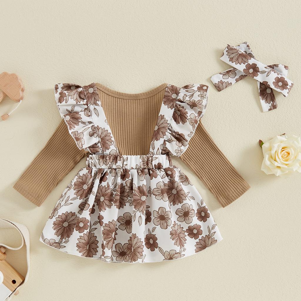 Baby Girls Spring Outfits Short Sleeve Ribbed Romper + Suspender Skirt + Headband Set Newborn 3 Piece Clothes