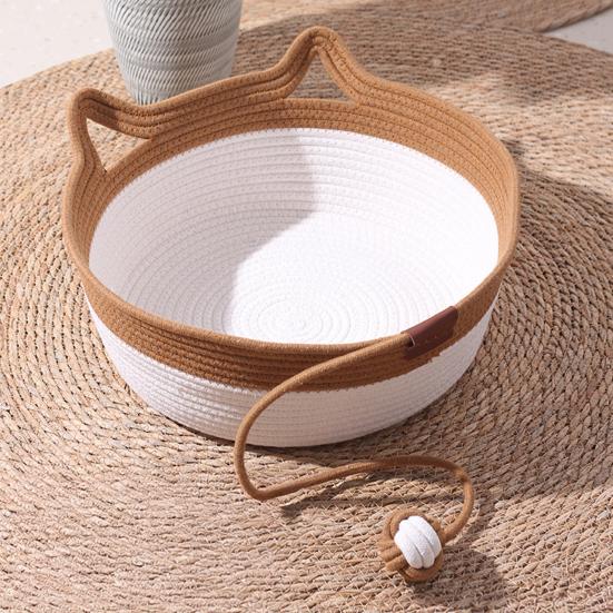 Handwoven Rope Cat Basket Cat Bed Basket with Rope Knot Ball Cat Ear Design Foldable Cat Bed for Indoor Cats Lounging Sleeping Entertainment