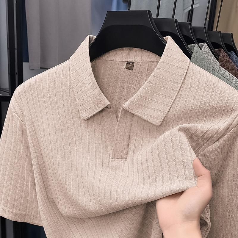 Men's Khaki Vertical Striped Knit Short Sleeve Polo Shirt
