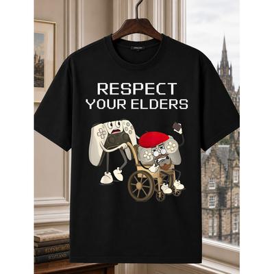 Men'S Shirt Respect Your Elders T-Shirt Old And New Game Controller Cartoon Graphic with Wheelchair Elder Humor