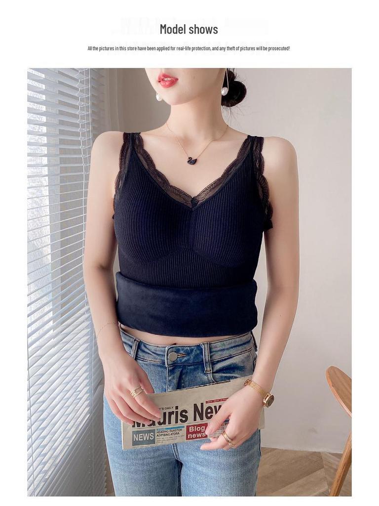 Women's Fleece-Lined Slim-Fit Lace Camisole with Chest Pads - Warm Vest