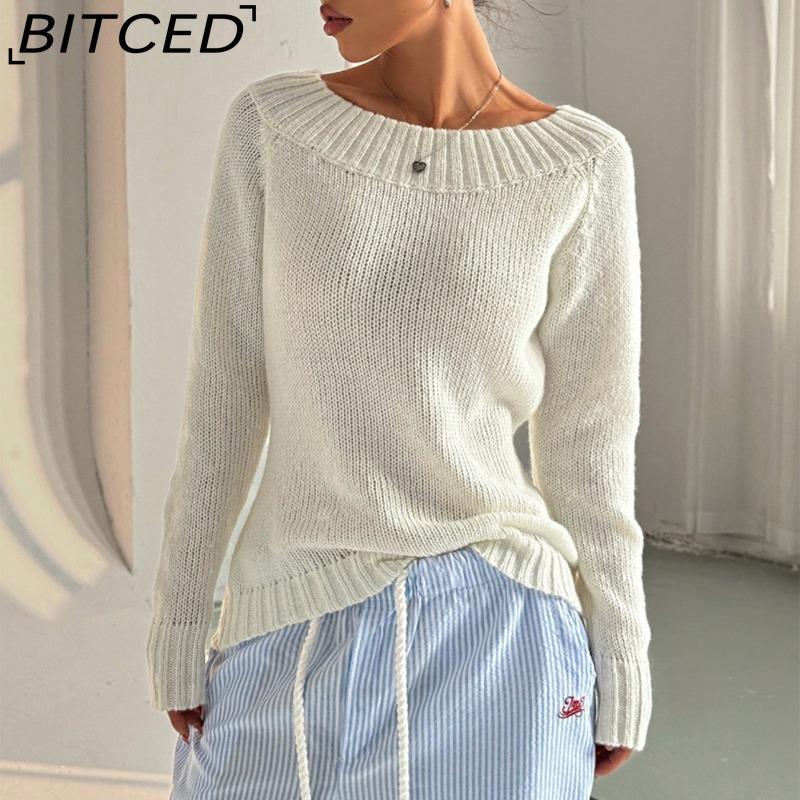 BITCED Solid Color Minimalist Off-Shoulder Pullover Sweater for Women - Autumn/Winter Knit Casual Sweater
