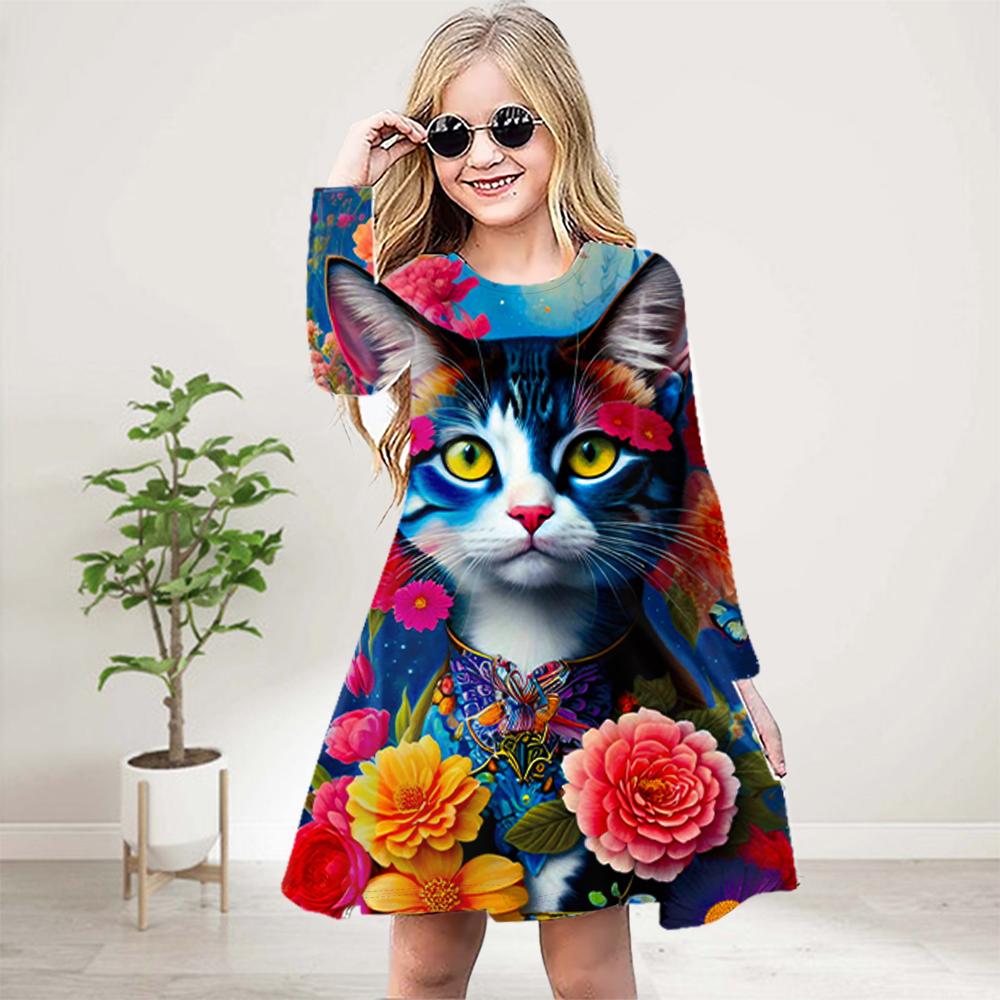 

Повседневное платье для девочек с 3D-принтом, разноцветным рисунком кота, круглым вырезом и длинными рукавами, детское платье принцессы