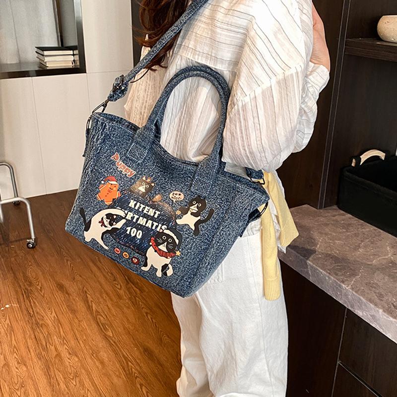 2025 New Trendy Cartoon Cat Print Denim Bucket Bag Versatile Casual Commuter Large Capacity Crossbody Shoulder Bag for Women