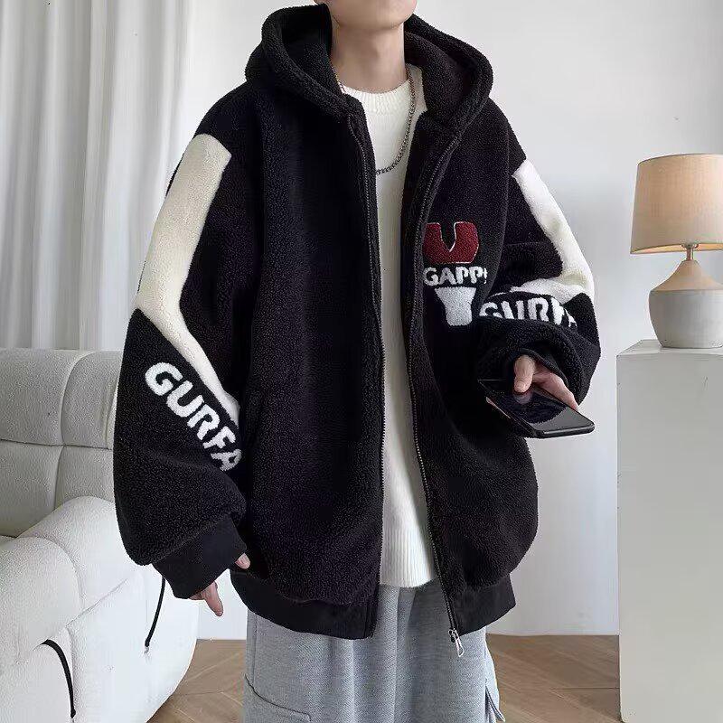 Youth Lambswool Plush Hooded Jacket - Men's Warm Velvet Winter Coat for Junior High, High School, and University Students.