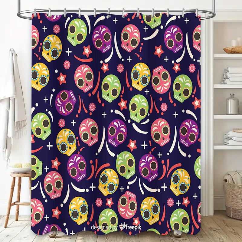 Retro Skull Design Shower Curtain Set with Bright Colors Great for Bathroom Decor!