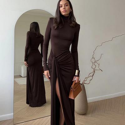 Avrupa ve Amerikan Sonbahar Kış Modası Kadın Yüksek Yaka Uzun Kollu Yama İşli Bağlama Bel Slim Fit Zarif Düz Renk Elbise