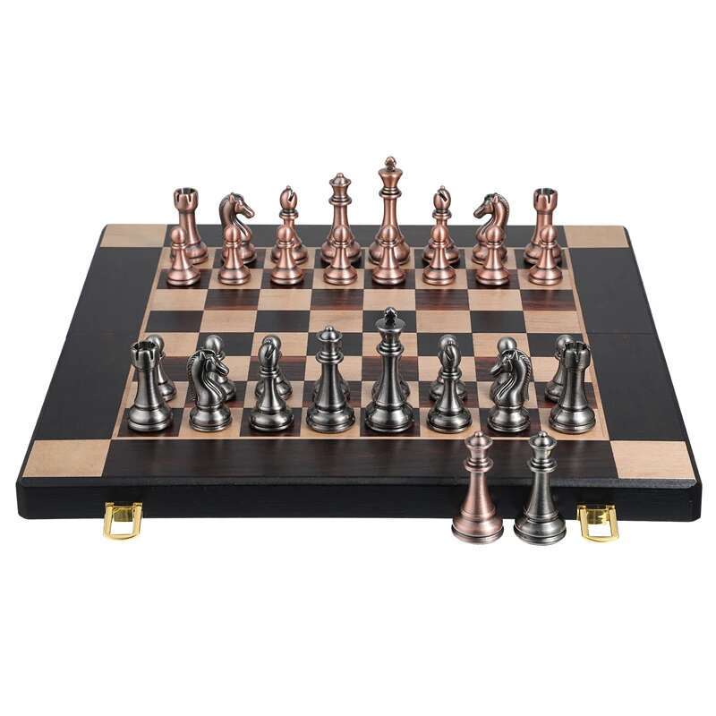 

Высококлассные металлические шахматные фигуры, деревянная шахматная доска, 38 см/15 дюймов, большая складная коллекция классических игр для любителей шахмат