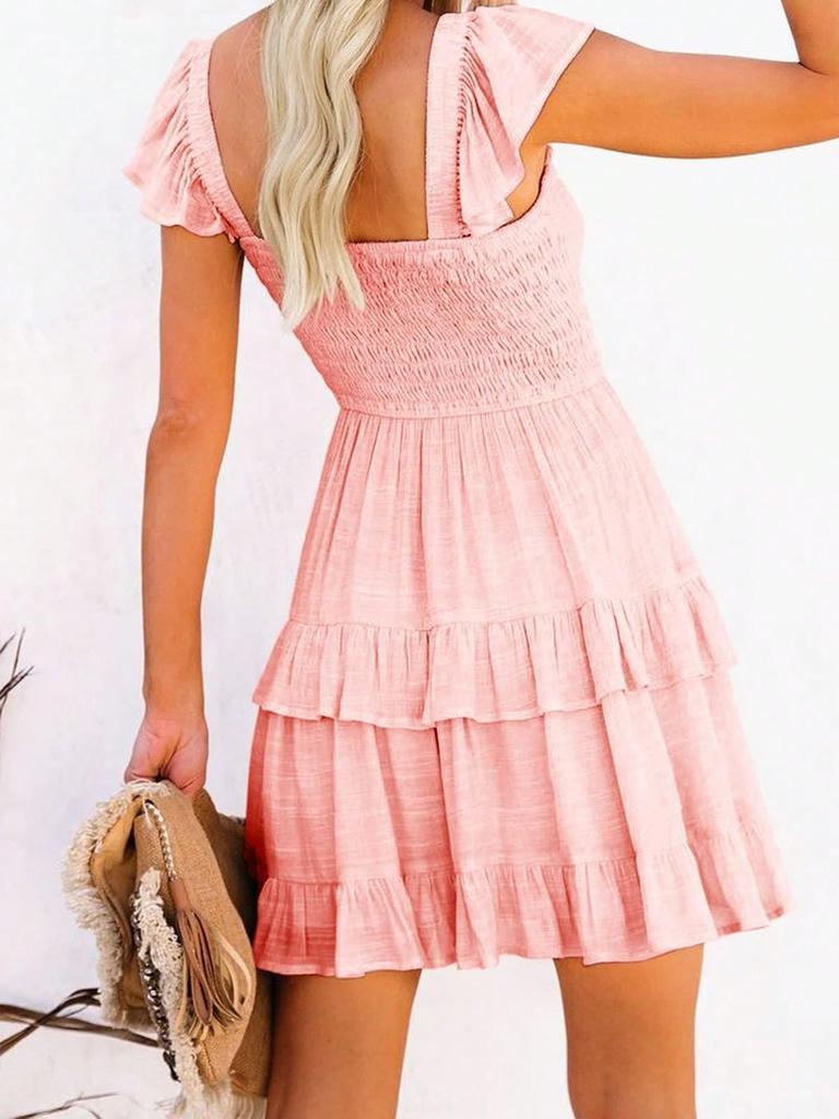 Women's Ruffle A Line Mini Dress Elastic Empire Waist Layered Swing Flowy Summer Dress