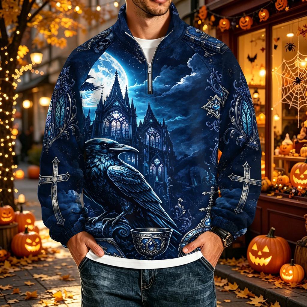 Men's Halloween Print Raglan Sweatshirt Loose Fit Stand Collar Casual Top