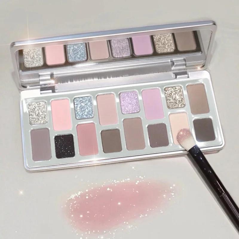 16-Color Glitter Pink Eye Shadow Smoky Shimmer Blue Green Pearlescent Diamonds Sparkling Shiny Eyeshadow Makeup Palette Cosmetic