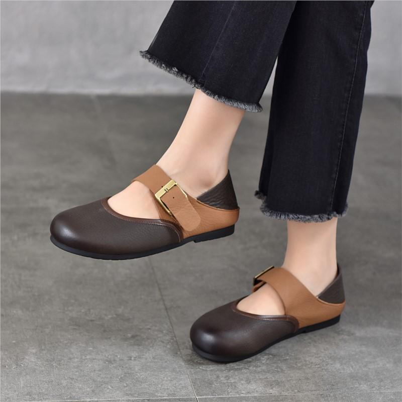 Johnature Retro Genuine Leather Soft Soled Shallow Women's Shoes Versatile Belt Buckle Round Toe Flat Shoes