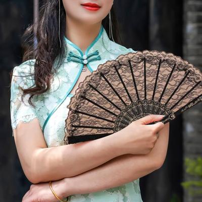 Folding Fan Lace Flower Embroidery Strong Hinge Transparent Chinese Vintage Style Qipao Pairing Fan Classical Dance Prop Party Decoration Supply Gift