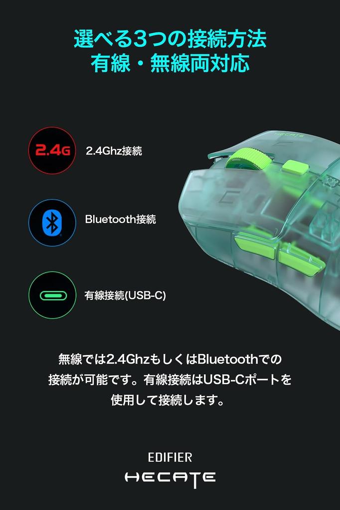 Edifier HECATE G3M PRO Gaming Bluetooth Connection 6 Lightweight PAW3395 Clear Purple Japanese Mouse, Wireless, 2.4Ghz, Wired, 3-Type Support,