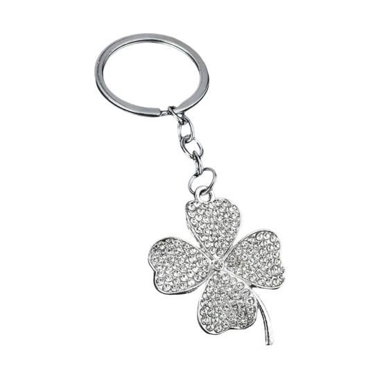 Keychain Pendant Sparkling Rhinestones Inlaid Four-Leaf Clover Design Zinc Alloy Key Chain Electroplated Metal Ring Key Holder Backpack