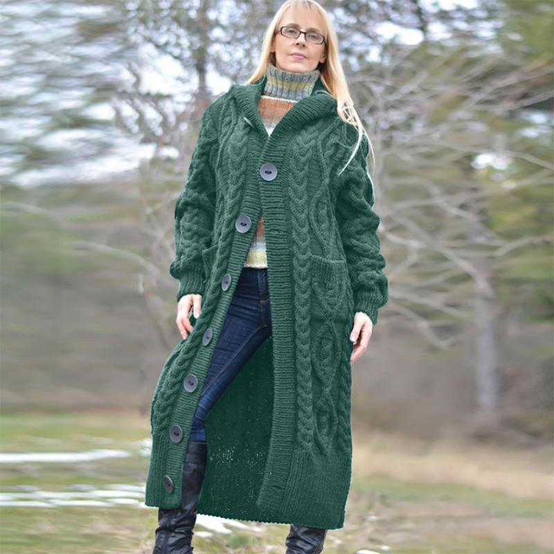 Knit Singlebreasted Womens Sweater Coat Hooded Button Tops Fashion Jacket Long