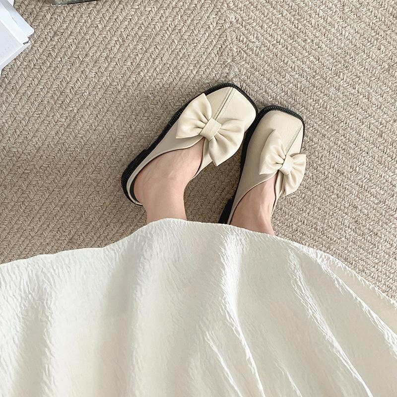 Fashion Temperament White Retro Bow Flat-bottomed Bag Head Slippers Women's Summer 2025 New Non-slip Mary Jane Half Drag