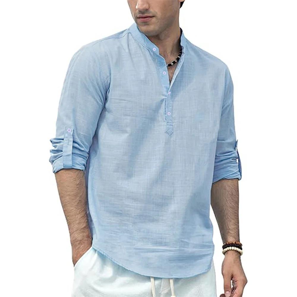 Polo cu mânecă lungă din bumbac și in pentru bărbați, ușor, cu guler Henley, stil hawaian de plajă, topuri uni, tricou de vacanță