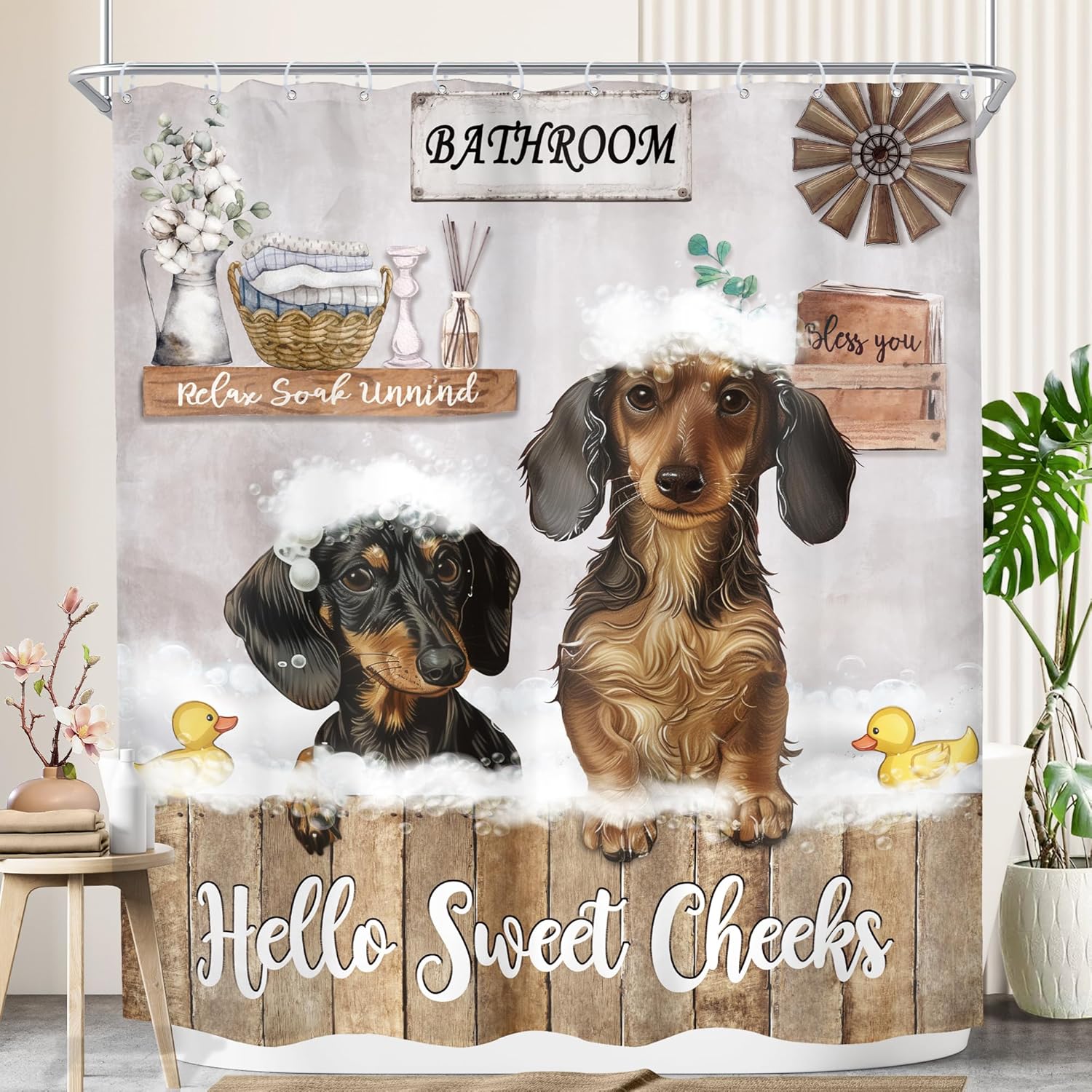 

Funny Dachshund Dog Shower Curtain Kids Cute Animal Puppy Rustic Farmhouse Animal Bathing Wooden Board Country Lovely Pet Fabric 90x180CM