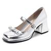 Leather small silver shoes Mary Jane high heels women's spring and autumn cheongsam shoes horse dress shoes thick heel single shoes