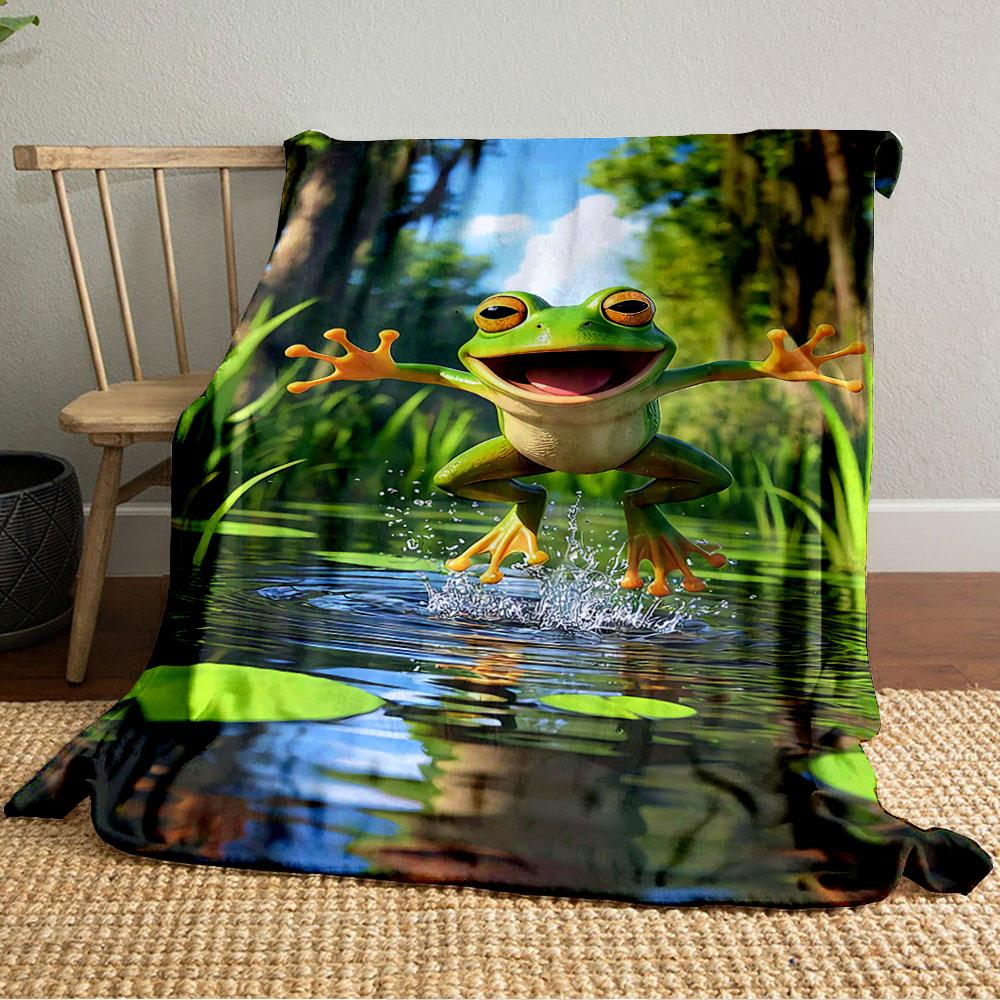 A cheerful frog is leaping energetically from water among lily pads. for all seasons blanket lunch break throw gift
