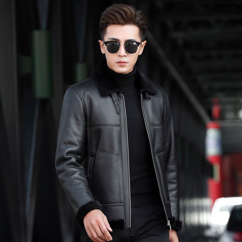 Men's Winter Shearling Leather Biker Jacket with Lapel