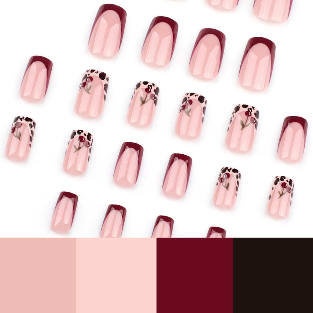 24pcs New Year Winter French Red Wearing Armor Leopard Print Cherry Wearing Manicure Press On Nails Fake Nails