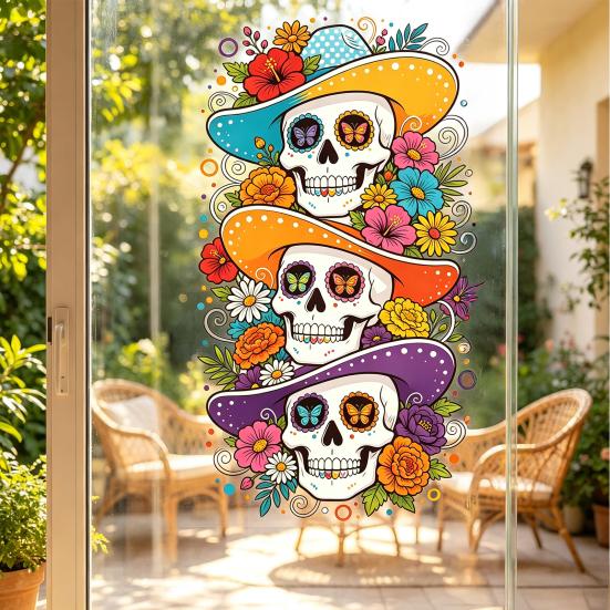 Fall Theme Wall Stickers Skeleton Undead Static Sticker, Waterproof PVC Decorative Decals, Durable Seasonal Window Art for Parties Film Autumn