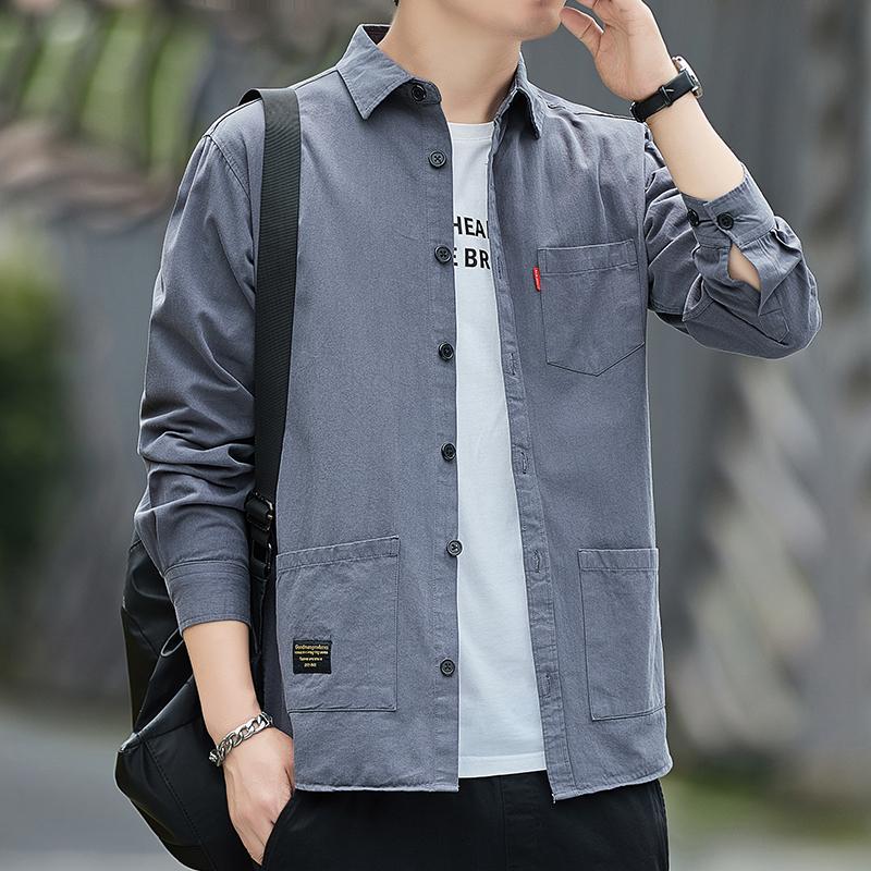 

Men s Spring Autumn Long Sve Work Irt Wear Resistant Large Size Simple American Sle Loose Fit Youth Faion Pure Color M серый