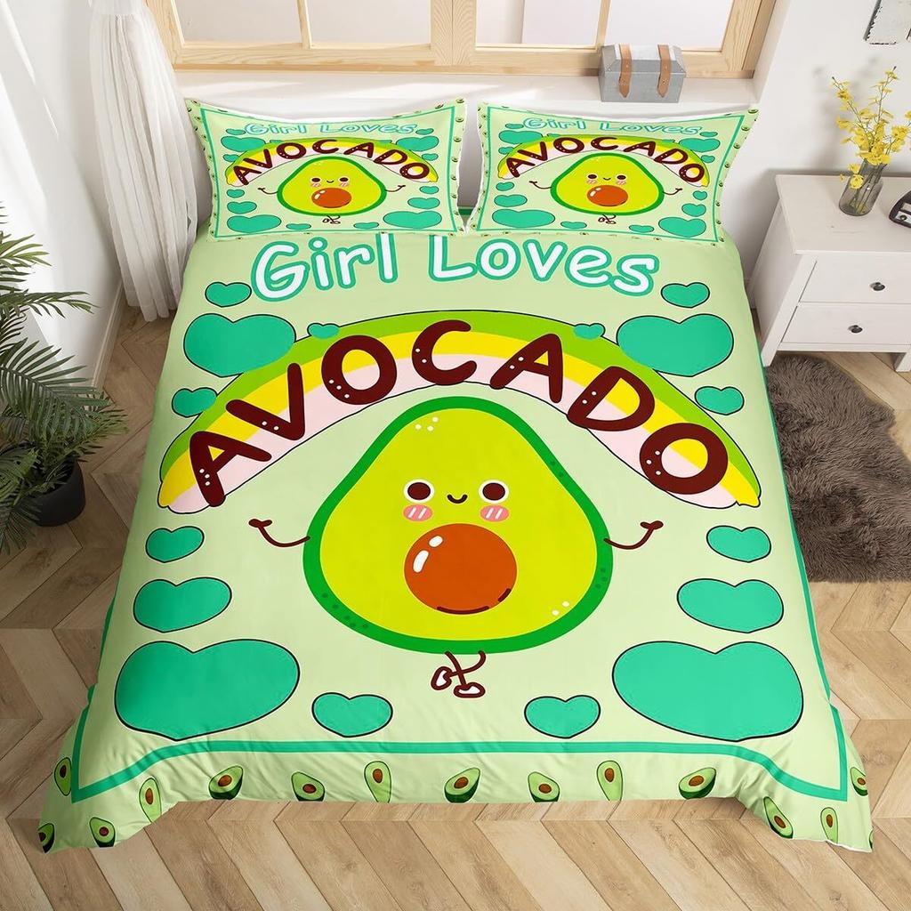 Fruit Duvet Cover Set, Cute Cartoon Avocado Decor 3 Piece Bedding Set with 2 Pillow Shams, Queen King Full Size, Paprika Green