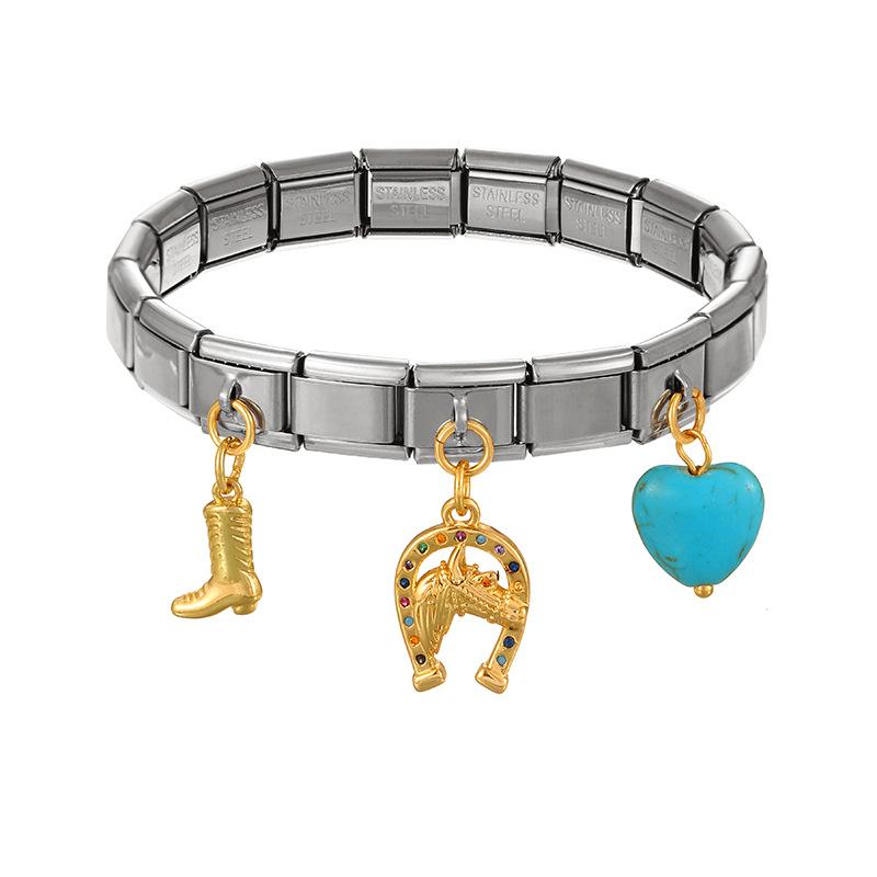 Trendy Hip Hop Western Cowboy Series Modular Charm Bracelet Interchangeable Horse Boot Heart Charms Assembled Stretch Made China