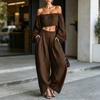 Two Piece Sets for Women Long Sleeve Off Shoulder Crop Top Wide Leg Pants Set Summer Vacation Going Out Outfits