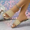 Fashion Luxury Gold Slip On Sandals Women 2025 Summer Square Toe Flat Heel Slides Sexy Light Weight Non Slip Beach Slippers Plus Size 43