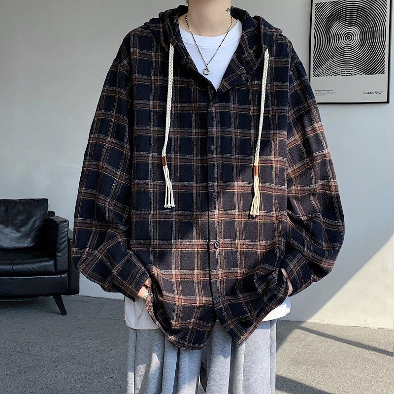 Autumn New Plaid Hooded Shirt Men's Design American Retro Plaid Long-sleeved Shirt Jacket