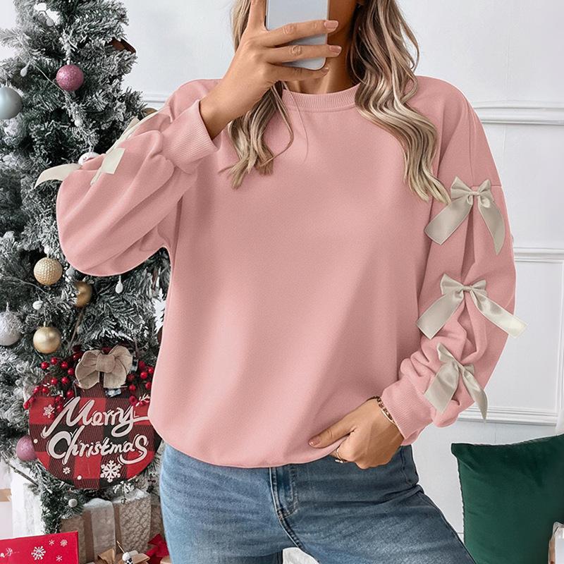 Weihnachts-Sweatshirts für Damen Süßes Schleifen-Sweatshirt Oversized Rundhals-Sweatshirt Ohne Kapuze Weihnachten Herbst Y2k Oberteile Pullover