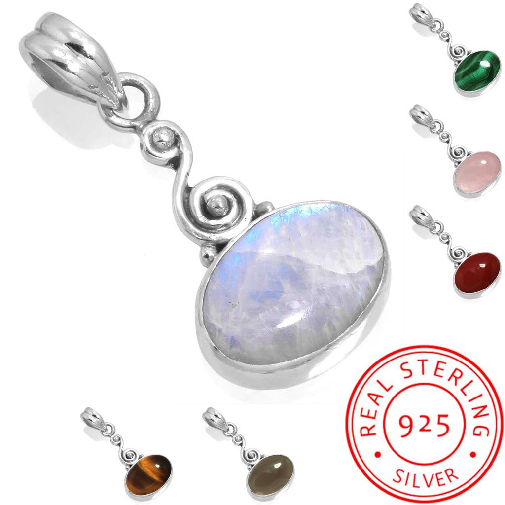 925 Sterling Silver Pendant Women Gemstone Handmade Jewelry Engagement Gift Malachite Moonstone Rose Quartz Red Stone Smoky Topaz Tiger Eye Boho