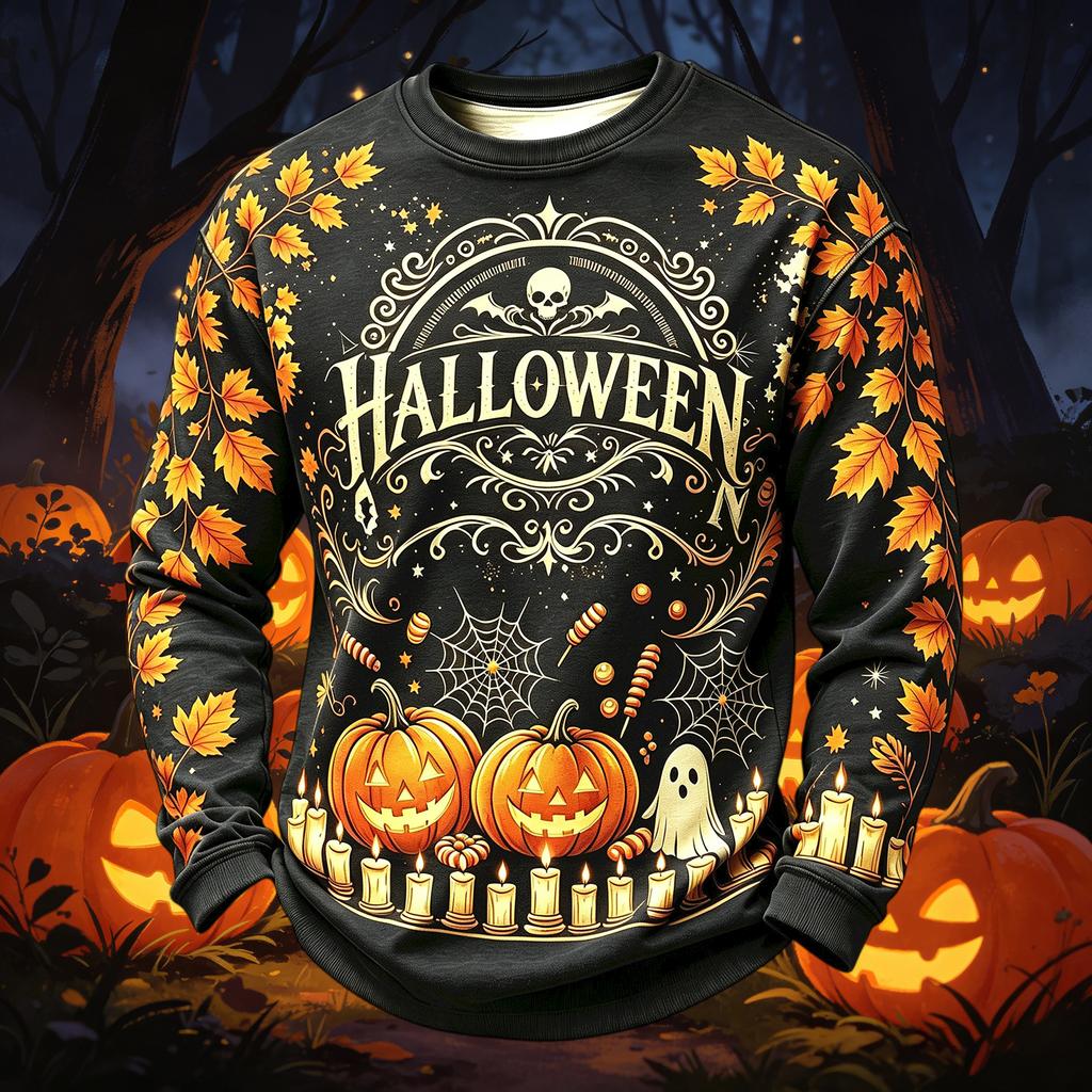 Men's Casual Round Neck Long Sleeve Top with Halloween Print
