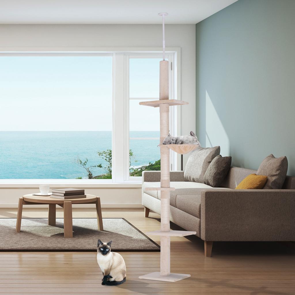 Floor To Ceiling Cat Tree 230-260cm Height Adjustable, 5-Tier Cat Tower with Scratching Posts, Hammock, Perches