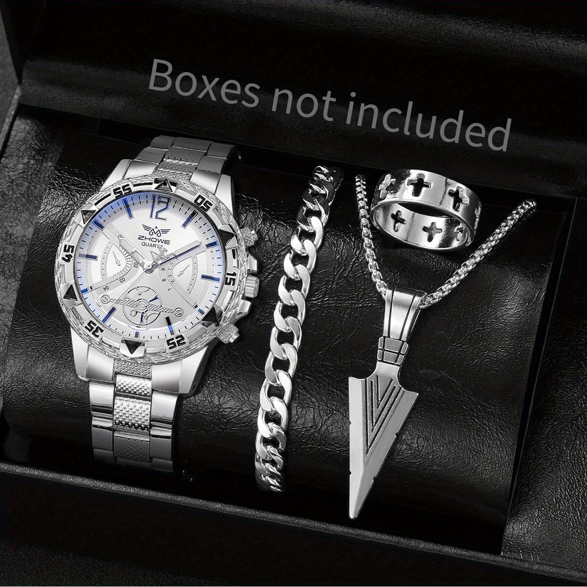 

4 шт. - Модные мужские часы, повседневные золотые часы на ремешке, мужские кварцевые часы, европейский и американский комплект ювелирных изделий с подвеской в виде маленькой стрелки