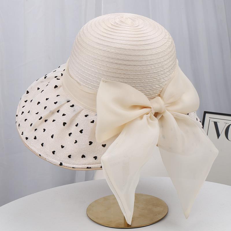 Spring and summer new mesh hat women's temperament elegant travel sun protection sun hat polka dot bow bucket hat