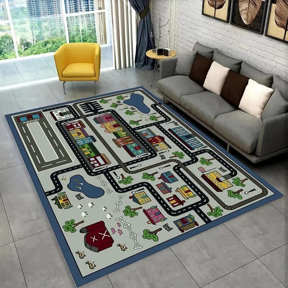 Interactive Highway City Traffic Floor Mat Large Non-Slip Carpet for Playroom Living Room Fun Rug Kids' Bedroom Play Area Decor