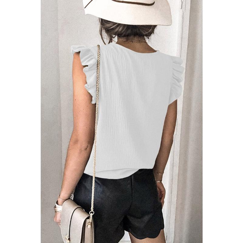 Women European Casual Solid V Neck Sleeveless Ruffle Pullover T Shirt Top