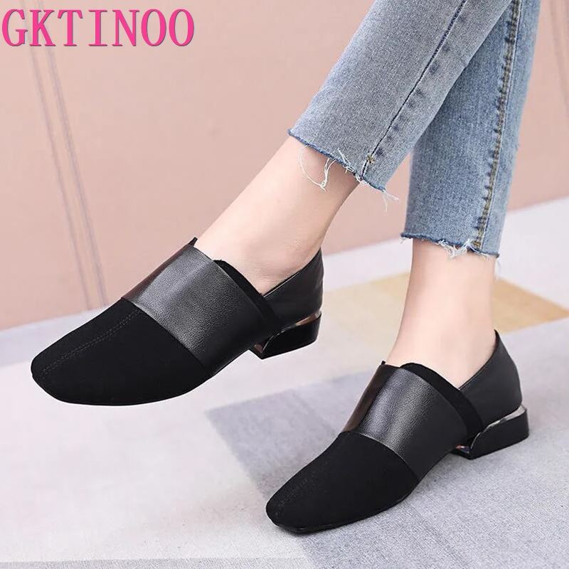 Fashion GKTINOO Shoes Soft Comfortable Genuine Leather Shoes Ladies Low Heels Soft Office Lady Shoes Slip On Pumps For Women Large Size