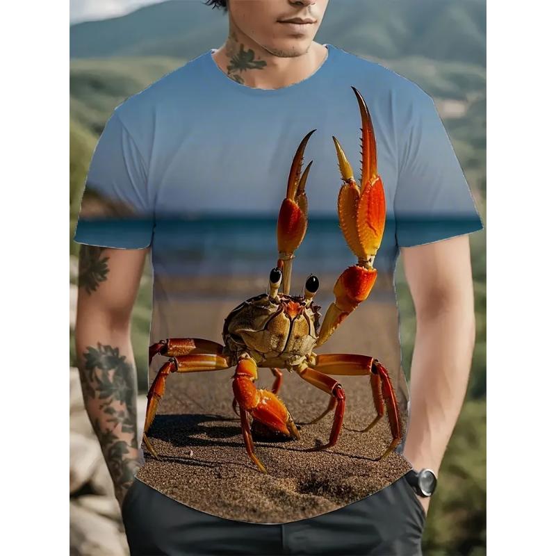 Fashion Men's Crew Neck Short Sleeve 3D Crab Color Printing Crew Neck T-Shirt Crab Short Sleeve